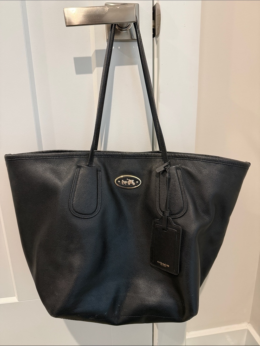 Coach Black Leather Tote with Gold Logo Plaque